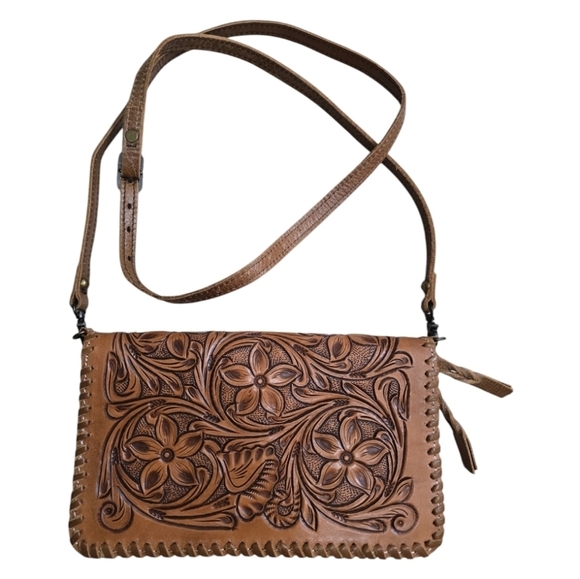 Handbags - Handtooled Leather Bi-zip Crossbody Bag in Tan Floral Design Western Boho